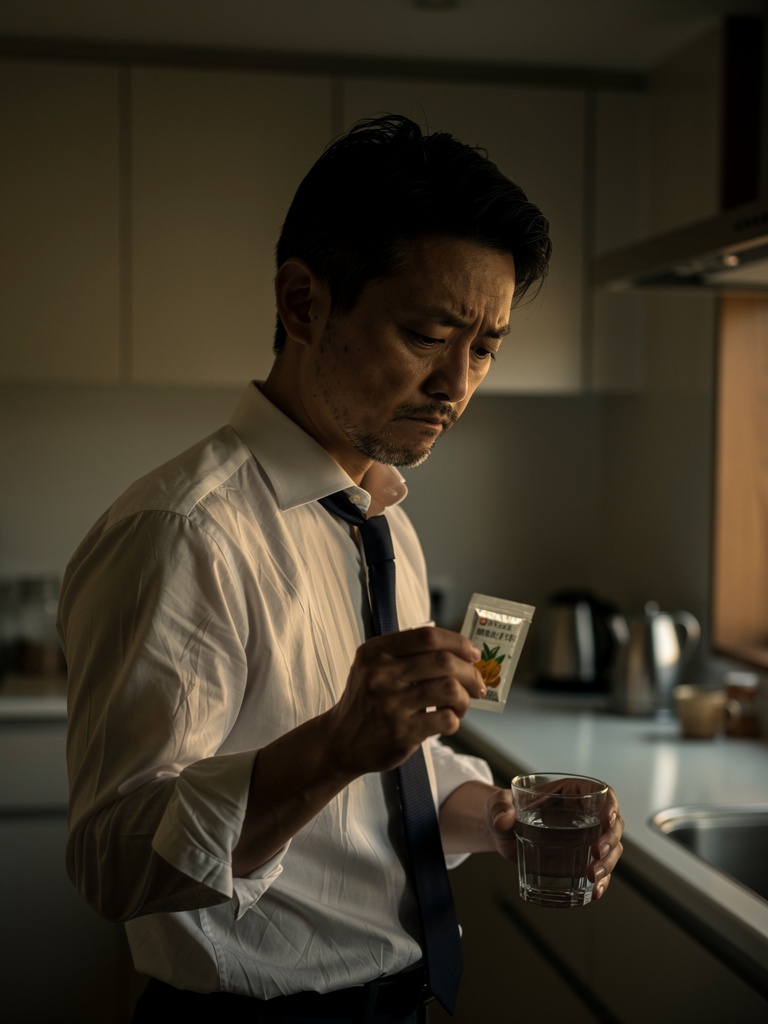 朝、サプリメントを手に取るビジネスマン